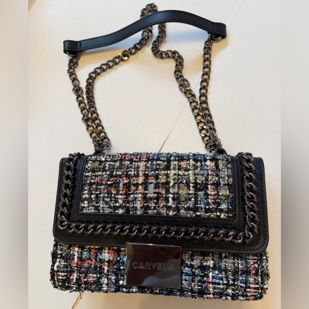 NEW European Carvela tweed crossbody bag with chain/leather adjustable strap.